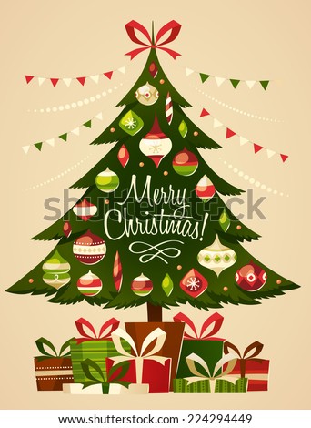 Christmas tree with gifts. Christmas card.