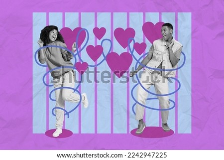 Photo artwork minimal collage picture of smiling happy lady guy enjoying 14 february party isolated drawing background