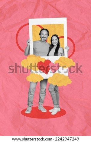 Vertical collage portrait of two positive black white colors lovers hold paper album card drawing heart clouds isolated on creative background