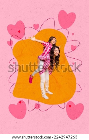 Vertical collage picture of mother hold excited daughter piggyback drawing hearts isolated on painted background