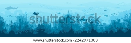 Underwater landscape. Seaweed and reef, fish shoal, whale and manta, turtle or marlin silhouettes in n ocean. Vector background with sea vegetation and animals. Water life, Aquatic marine biodiversity Royalty-Free Stock Photo #2242971303