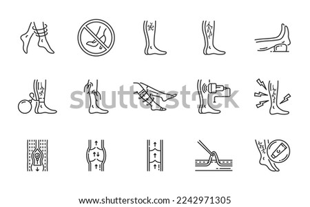 Varicose treatment icons, leg veins thrombosis disease and surgery vector symbols. Varicose or legs vascular varices circulation insufficiency, medical treatment and prophylactic therapy line icons Royalty-Free Stock Photo #2242971305