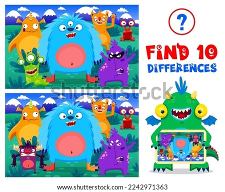 Cartoon monster characters, find ten differences. Kids vector board game worksheet with cute funny mutant personages. Educational children riddle for leisure activity, brainteaser puzzle, quiz test Royalty-Free Stock Photo #2242971363