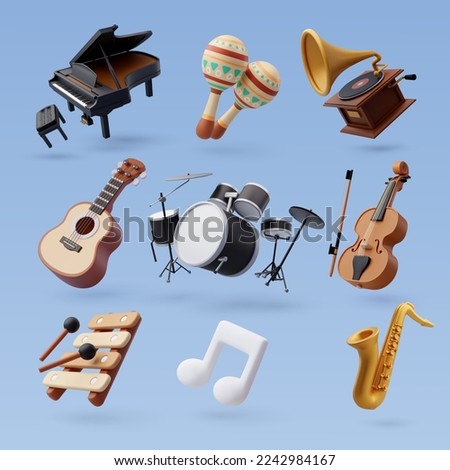 3d icon set of music instrument, musical and recreation concept. Eps 10 Vector. Royalty-Free Stock Photo #2242984167