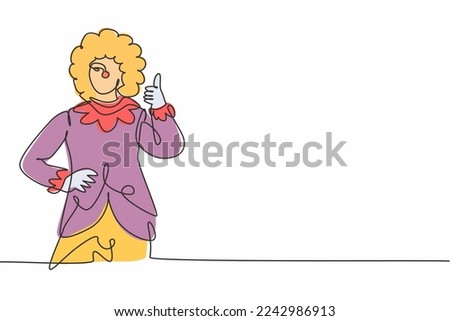 Continuous one line drawing female clown with thumbs-up gesture, wearing a wig and smiling face make-up, entertaining kids at a festive birthday. Single line draw design vector graphic illustration