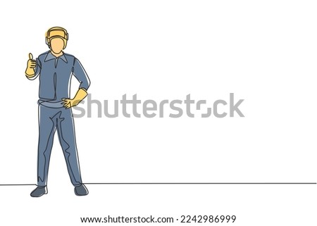 Single continuous line drawing the welder stands with a thumbs-up gesture and the face shield is removed ready to work in his iron workshop. Dynamic one line draw graphic design vector illustration.