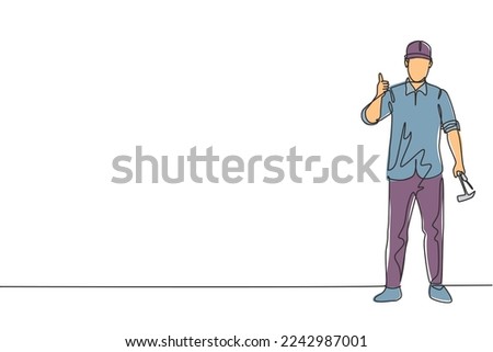 Continuous one line drawing a carpenter standing with a thumbs-up gesture works for the wood industry and must be skilled at using carpentry tools. Single line draw design vector graphic illustration