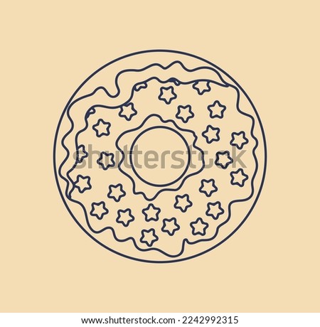 Donut line icon. Sticker for social networks and messengers. Flour product in glaze with stars. Minimalistic creativity and art. Template, layout and mock up. Cartoon flat vector illustration
