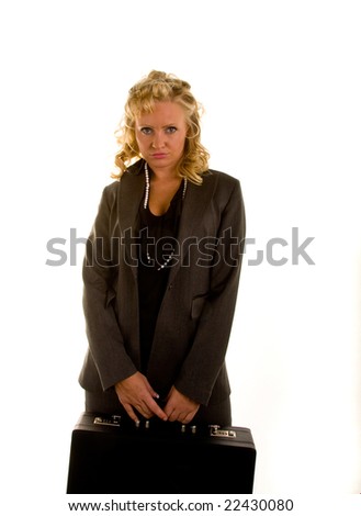 Woman with curly blonde hair and pearls holding a briefcase looking sad