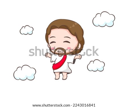 Cute Jesus Christ cartoon character in the cloud. Hand drawn Chibi character, clip art, sticker, isolated white background. Ascension of jesus christ. Mascot logo icon vector art illustration