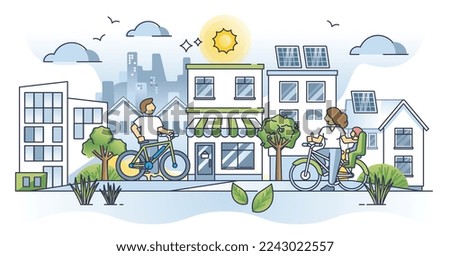 Sustainable lifestyle and modern ecological city outline concept. Green planet with organic and responsible resource consumption vector illustration. Nature conservation with renewable electricity.