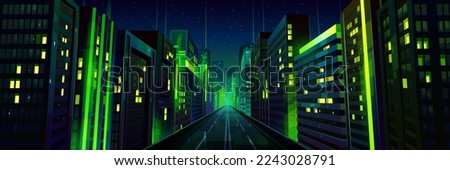 Night city street with road and green neon illumination, metaverse technology glow buildings perspective view. Urban architecture, megalopolis infrastructure in darkness, Cartoon vector illustration Royalty-Free Stock Photo #2243028791