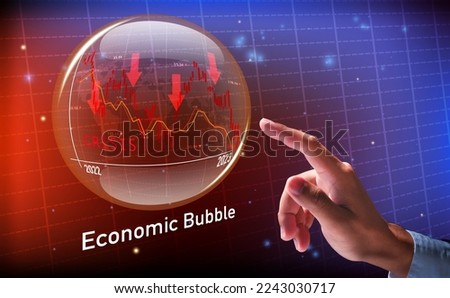 economic crisis and economic recession The bubble economy and the bubble burst Illustration with businessman hand pointing at bubble, bubble burst concept.