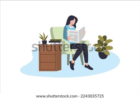Vector illustration of a women sitting in the armchair and reading a newspaper. Young person life style. Isolated vector illustration in cartoon style