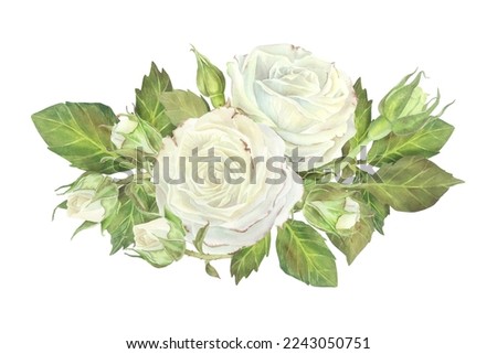 White roses with leaves composition. Watercolor illustration.Isolated on a white background.For design of sticker, dishes, greeting card, stationery, cosmetics, perfumes packaging, wedding invitation.