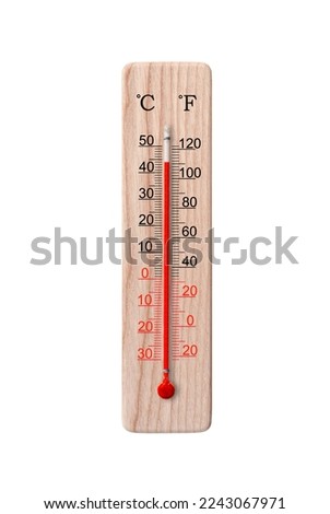 Wooden celsius and fahrenheit scale thermometer isolated on a white background. Ambient temperature plus 44 degrees Royalty-Free Stock Photo #2243067971
