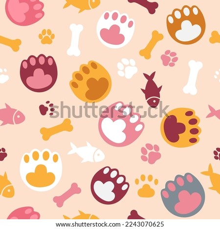 Vector seamless pattern with the concept of pets. Cute bright background for textile clothing, gift wrapping, boxes, etc. Royalty-Free Stock Photo #2243070625