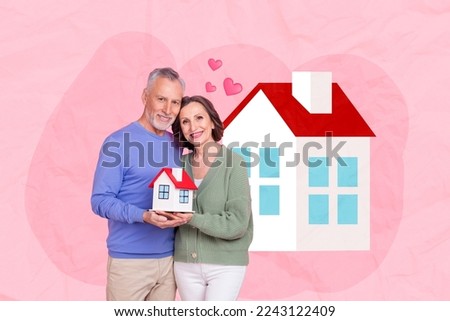 Creative photo 3d collage artwork poster postcard of happy people rejoice finally buy real estate isolated on painting background