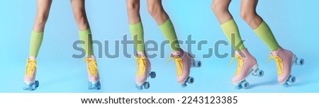 Photos of woman with retro roller skates on light blue background, closeup. Collage banner design