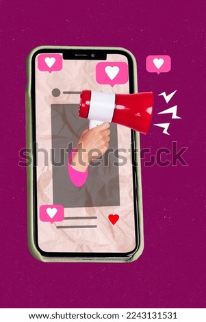 Photo artwork minimal collage picture of apple samsung modern device screen arm making announcement isolated drawing background