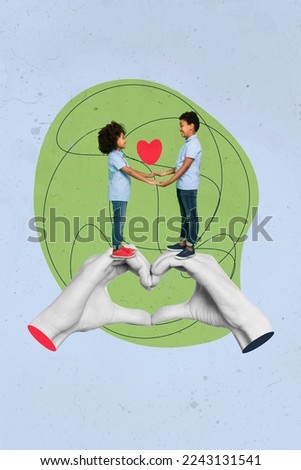 Vertical collage image of big arms show heart symbol hold two cheerful little kids drawing heart isolated on creative background