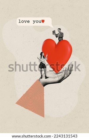 Vertical collage image of big black white gamma arm palm hold red heart two mini people typing chatting love you hold baguette bag point finger