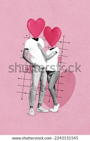 Photo sketch collage graphics artwork picture of dreamy funny couple hearts instead heads isolated drawing background