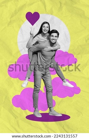 Collage 3d image of pinup pop retro sketch of excited charming couple rising hands arms showing v-sign isolated painting background