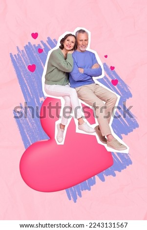 Creative photo 3d collage artwork poster postcard of cute couple sitting big heart figure enjoy together isolated on painting background