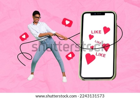 Creative 3d magazine collage image of purposeful lady guy trying getting modern devices likes isolated painting background
