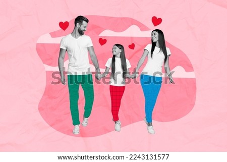 Creative photo 3d collage artwork poster postcard of three people nice family enjoy walk together isolated on painting background
