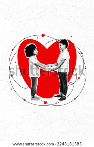 Vertical collage picture of two adorable kids black white gamma hold arms big painted red heart isolated on creative background