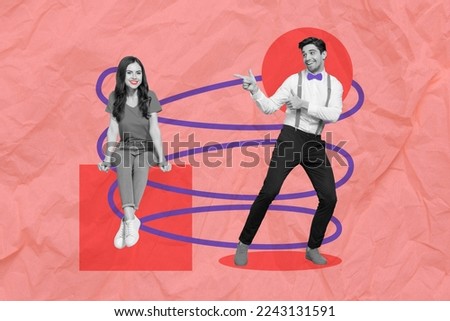 Creative retro 3d magazine collage image of funny guy pointing fingers beautiful lady isolated painting background