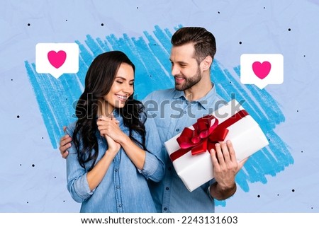 Creative photo 3d collage artwork poster postcard of happy people sharing gifts celebrate wedding isolated on painting background