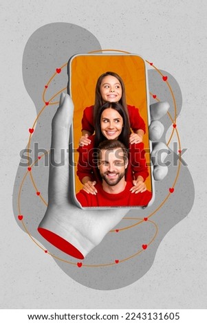 Vertical collage picture of black white effect hand hold telephone screen display positive friendly family isolated on creative background
