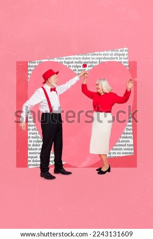 Creative retro 3d magazine collage image of charming old couple celebrating 14 february isolated painting background