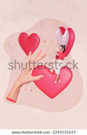 Vertical collage abstract image of arm fingers hold mini happy girl sit heart listen music use telephone isolated on creative background