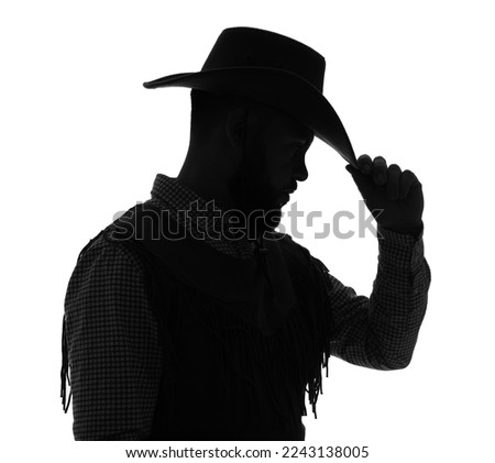 Silhouette of cowboy on white background, closeup