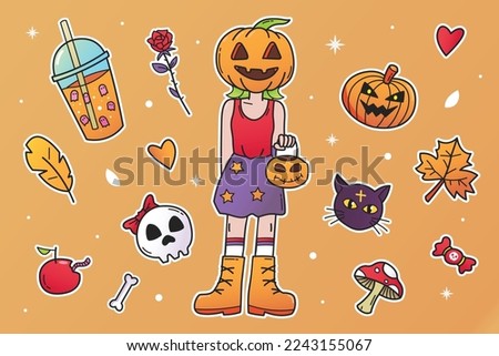 Cartoon Halloween illustrations. With cute cartoon characters like pumpkin, ghost, cat, witch, skull. Stickers, icons, design elements