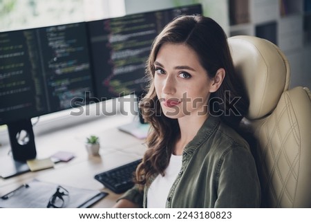 Photo of smart gorgeous successful lady sitting comfort chair home hacking sites remove viruses fix bugs indoor home workstation Royalty-Free Stock Photo #2243180823