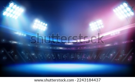 Bright spotlights in a sports stadium. Show on stage. Light performance. Blue background. Sports game. Abstract vector illustration. Royalty-Free Stock Photo #2243184437