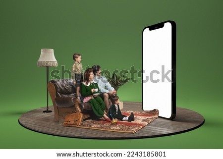 Young family, man, woman and kids sitting and looking on huge 3D model of phone screen. Concept of family, online shopping, application, sales, information, retro style. Ad, poster, text