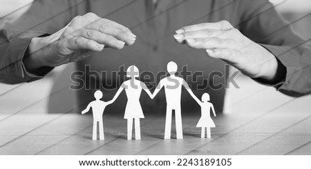 Insurer protecting family with his hands, geometric pattern