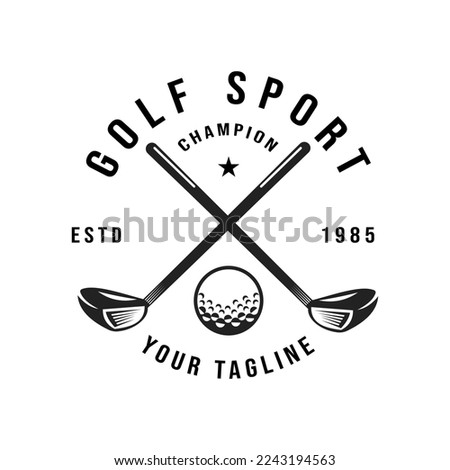 Retro vintage golf, professional golf ball logo template design, golf championship, badge or icon with crossed golf clubs and ball on tee. Vector illustration. symbol, icon Royalty-Free Stock Photo #2243194563