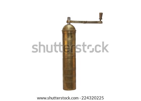 Albanian antique brass coffee grinder, isolated on white