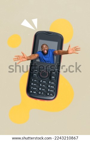Photo collage artwork minimal picture of excited guy open arms inside retro button phone isolated drawing background