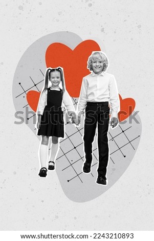 Creative retro 3d magazine collage image of funny funky small kids celebrating 14 february isolated painting background