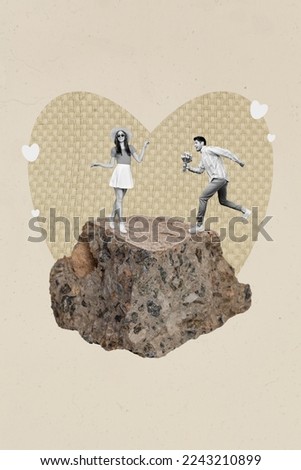 Artwork magazine collage picture of smiling excited couple enjoying 14 february celebration isolated drawing background