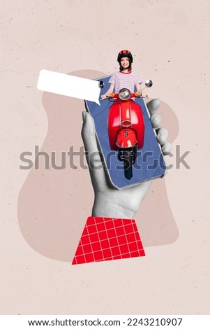 Exclusive sketch collage image of smiling funny lady riding motorbike modern gadget empty space isolated painting background