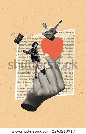 Photo collage artwork minimal picture of couple enjoying playing songs walking arm showing heart isolated drawing background
